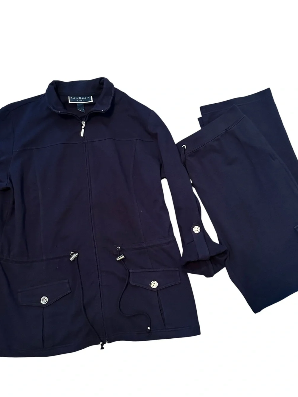 Karen Scott Navy Zip-Front Jacket and Pants Set